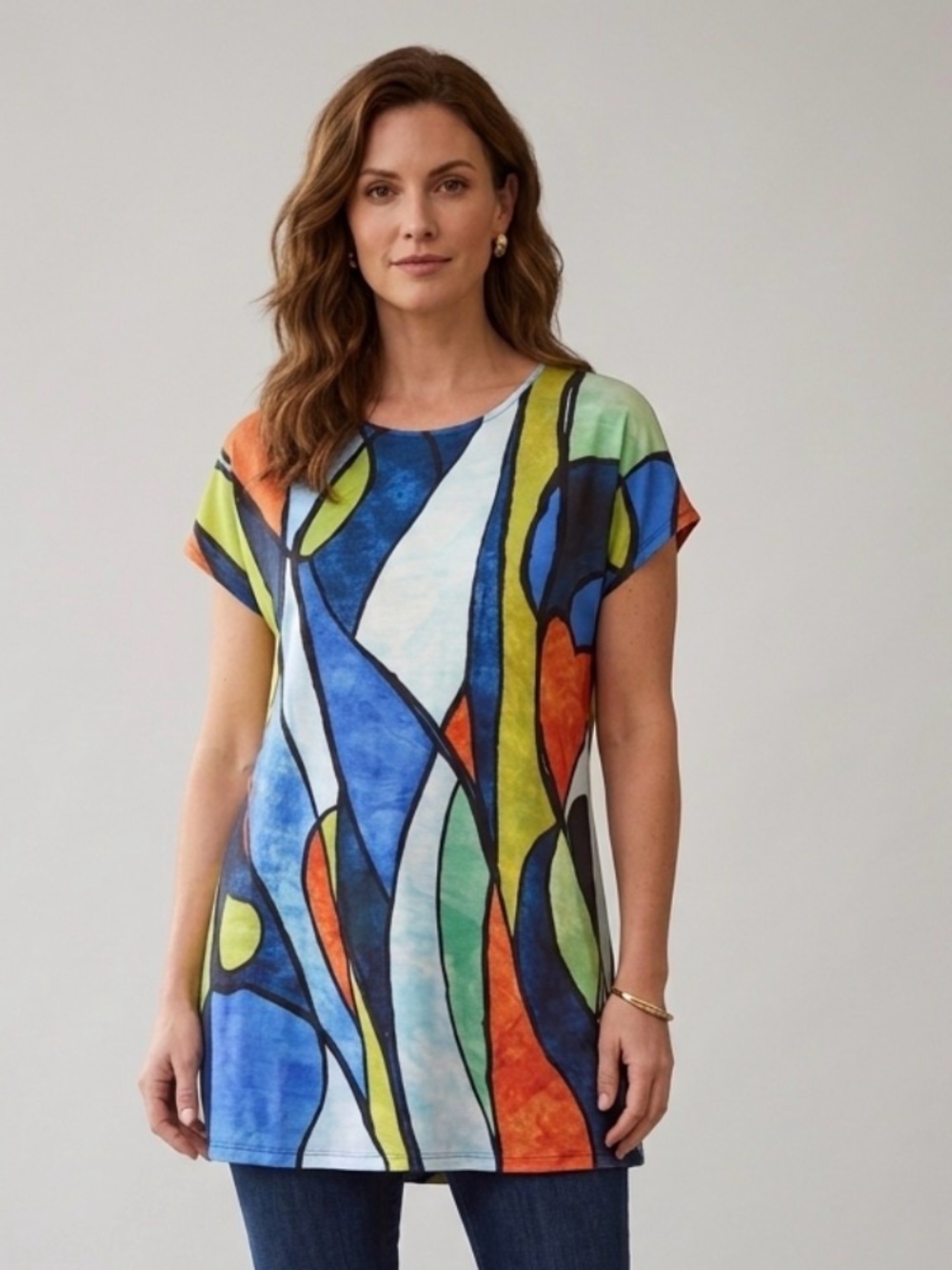 Jess and Jane Abstract Art To Wear Stained Glass Short-Sleeve Tunic Top/Dress